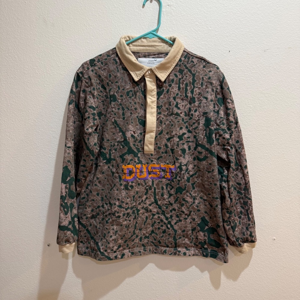 Dust Stay Alive Mens Medium Long Sleeve Polo Shirt Camo Abstract Print Graphic